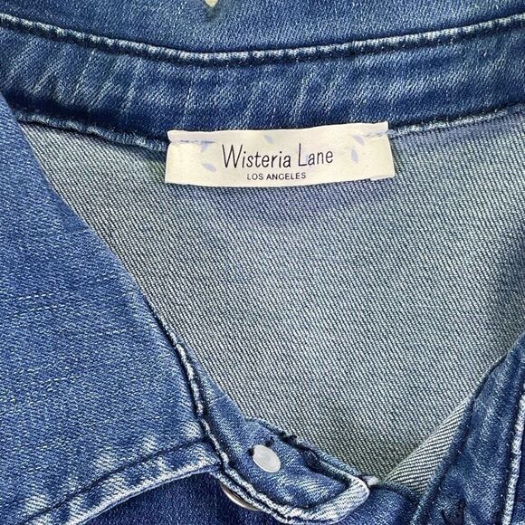 Wisteria Lane Blue Denim Button Front Short Sleeve Flare Leg Jumpsuit Large - Picture 5 of 14